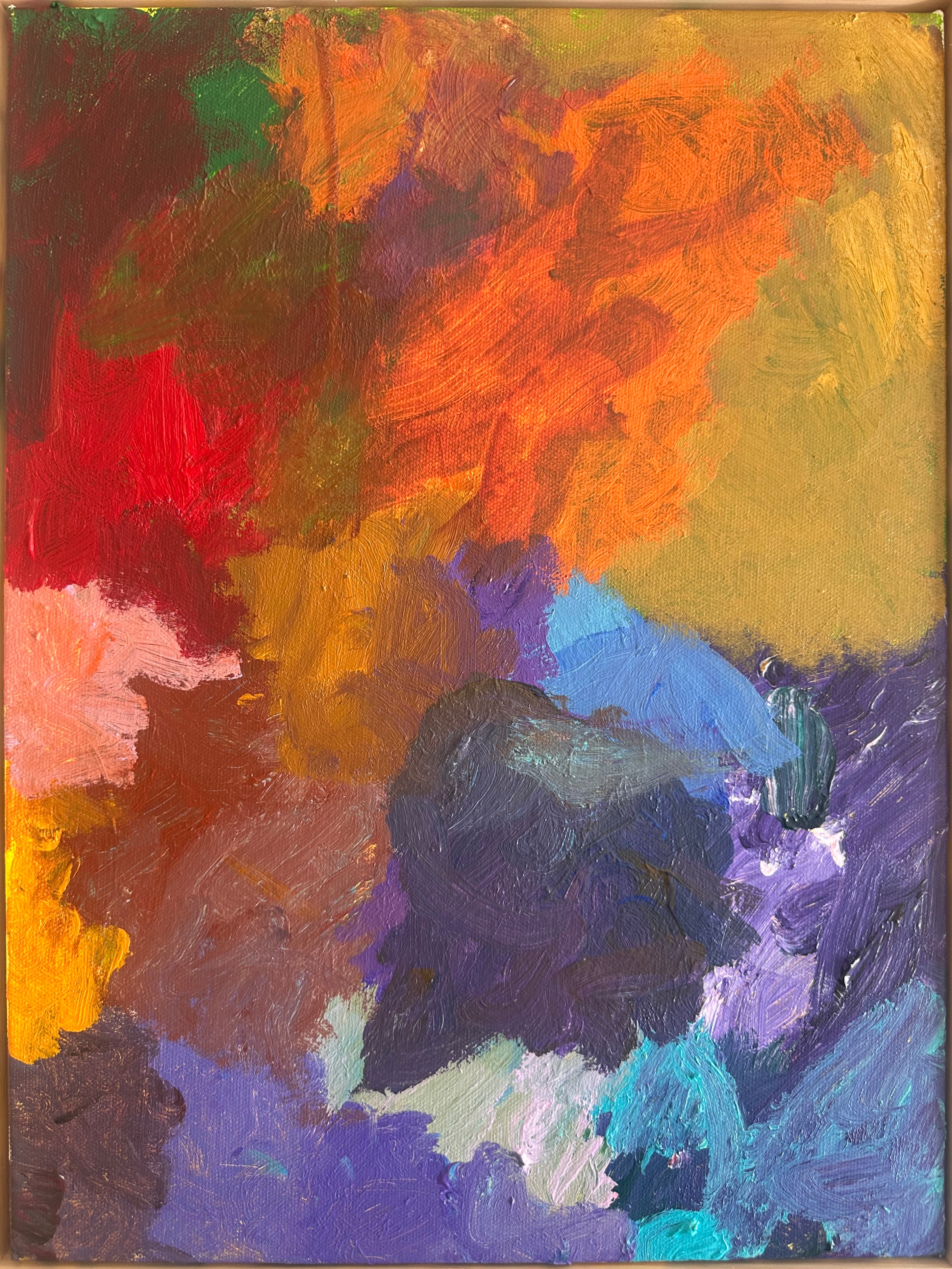 An abstract painting of brushstrokes of colour, including purple, blue, orange, red and yellow.