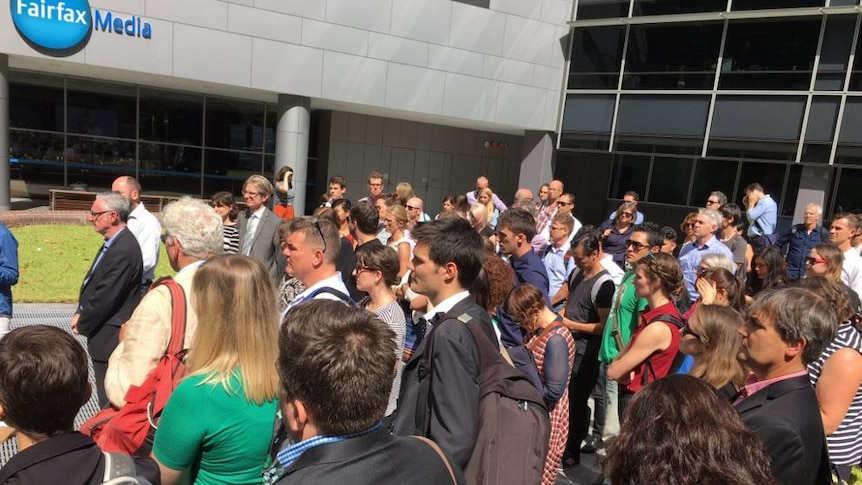 Sydney Morning Herald staff strike outside the Fairfax building.