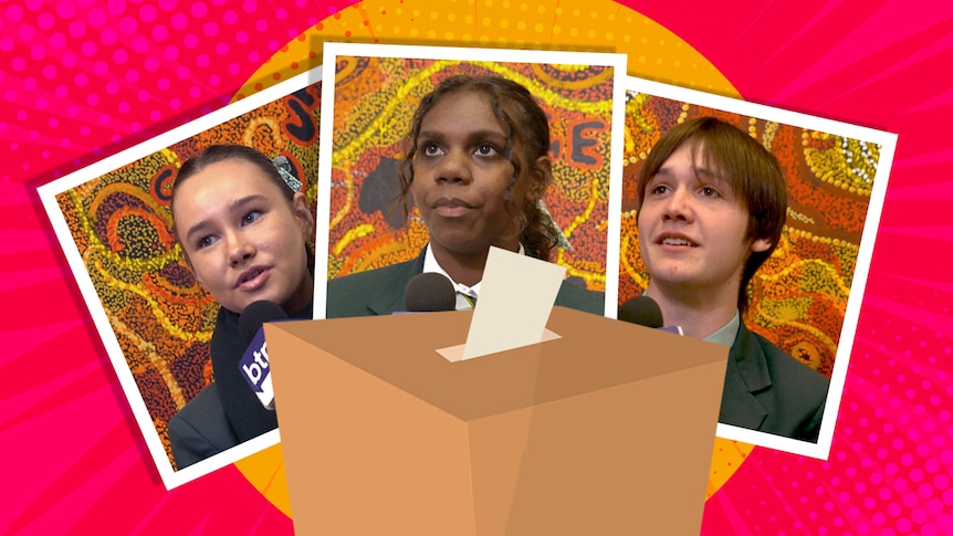 A graphic of a yellow sun on a pink background, behind the photos of two young girls and a boy, and vote box.