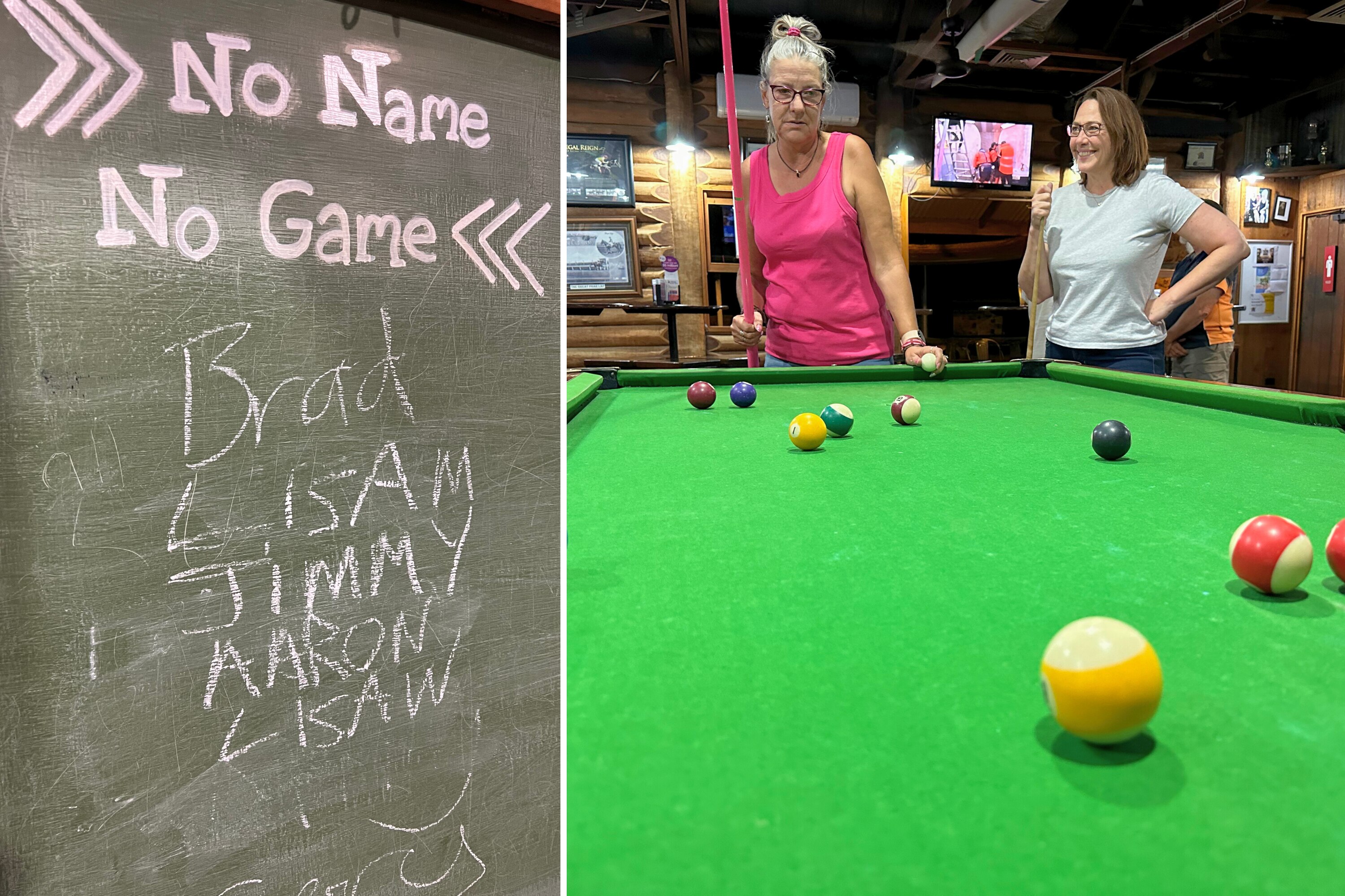 Two women stand in front of green pool table and size up the ball positions