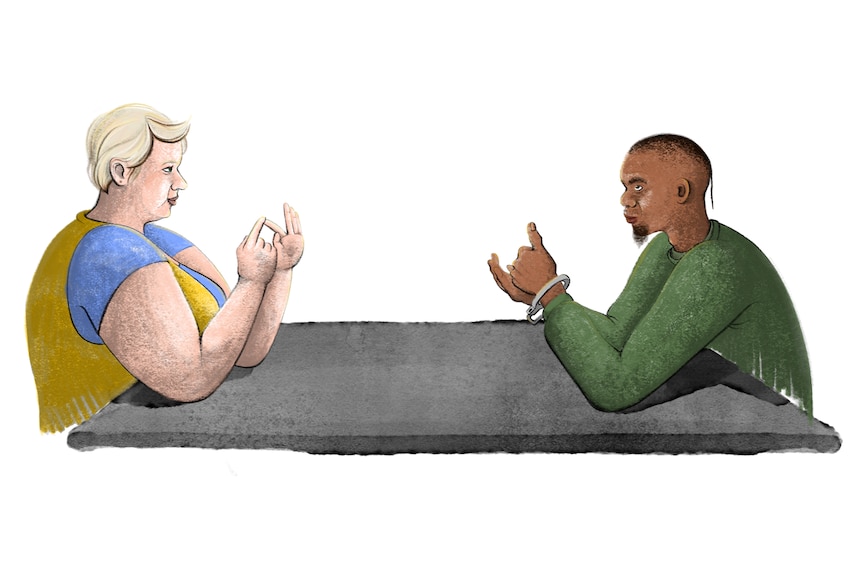 Illustration of blond woman sitting across from Indigenous inmate in prison.