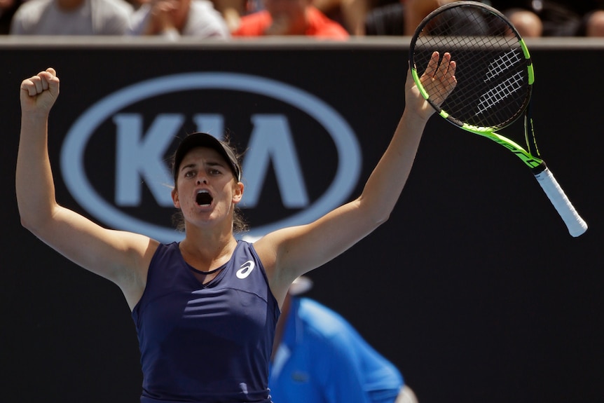 American Jennifer Brady celebrates her win over Russia's Elena Vesnina at the Australian Open.