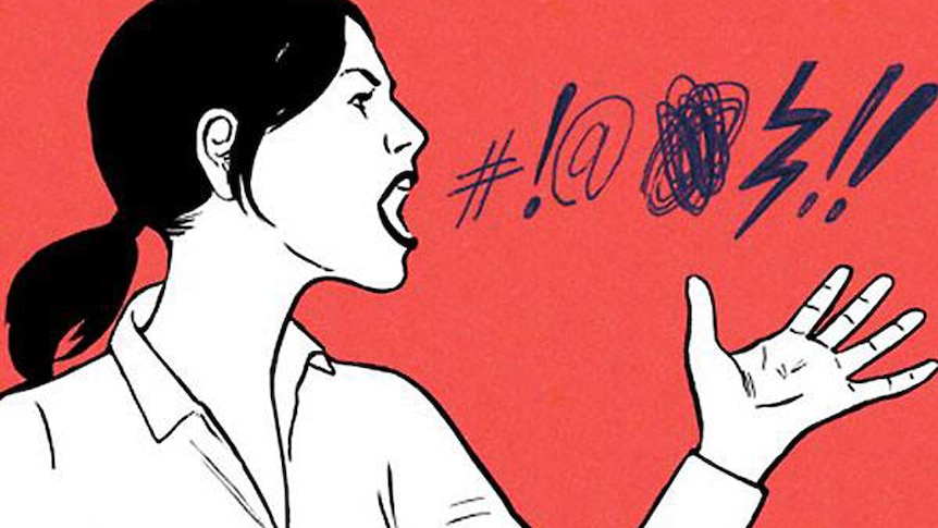 Illustration of woman swearing, red background