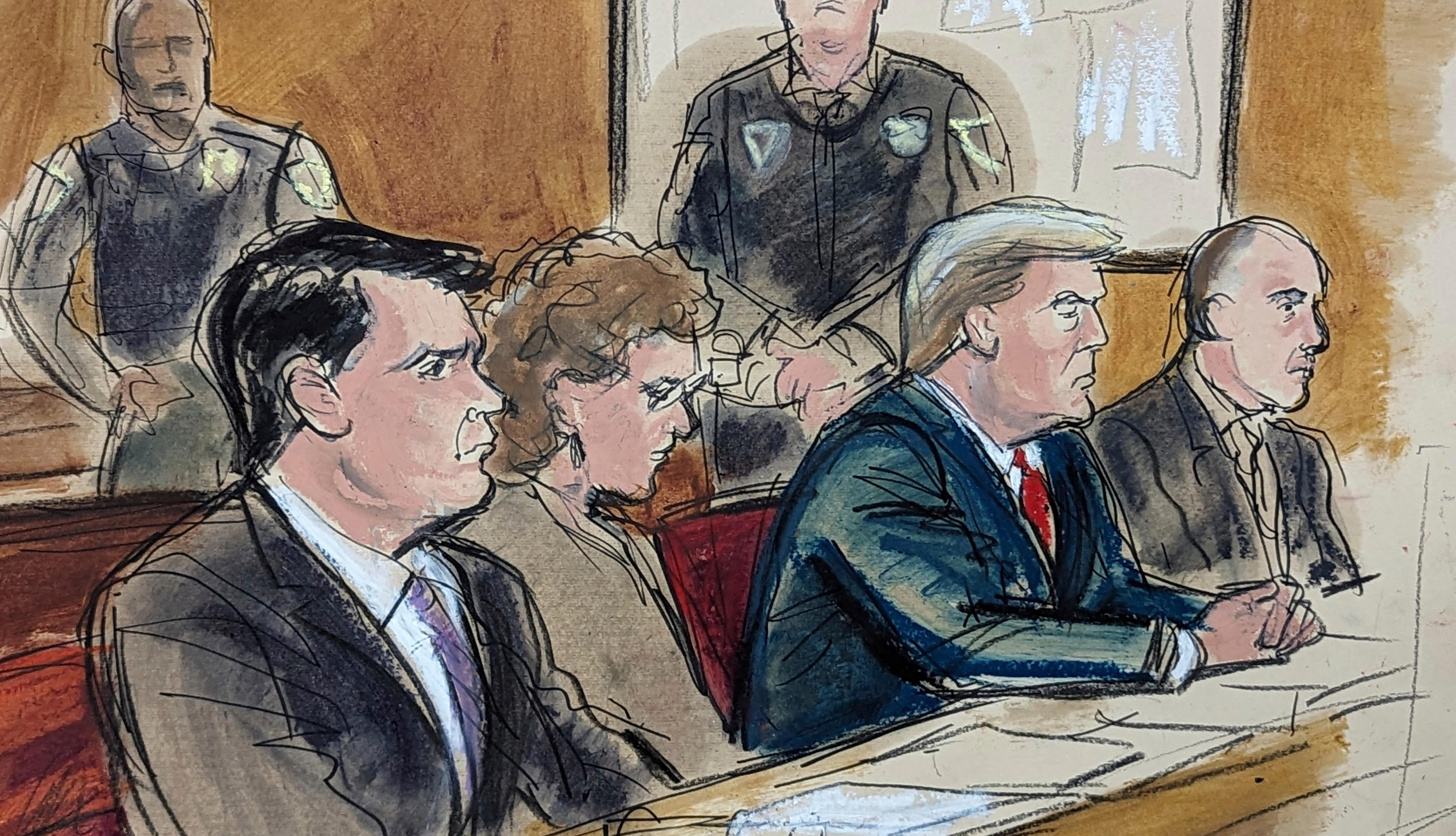 In this courtroom sketch, Donald Trump  is seated with his defence team.