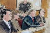 In this courtroom sketch, Donald Trump  is seated with his defence team.
