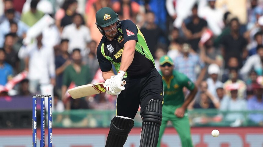 Aaron Finch swings away against Pakistan at the World Twenty20