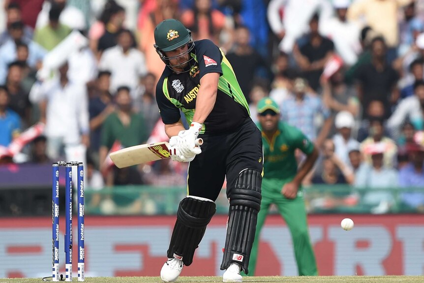 Aaron Finch swings away against Pakistan at the World Twenty20
