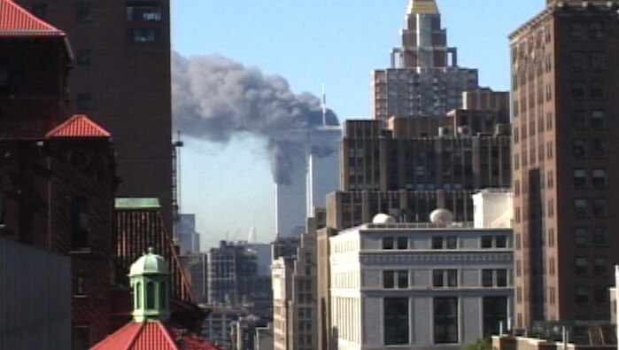 A still image from footage Christopher Gilbert shot of the World Trade Centre from 271 Madison Avenue on September 11, 2001.