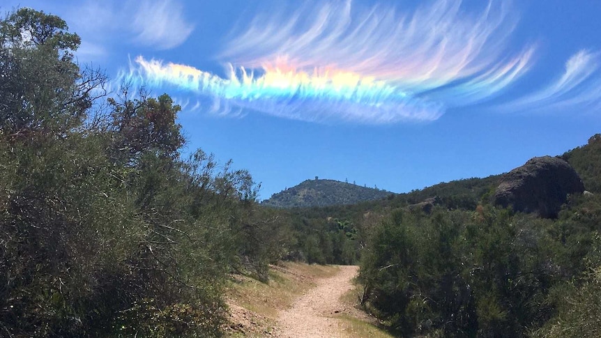 Wispy clouds lit up in rainbow colours in the sky over a national park.