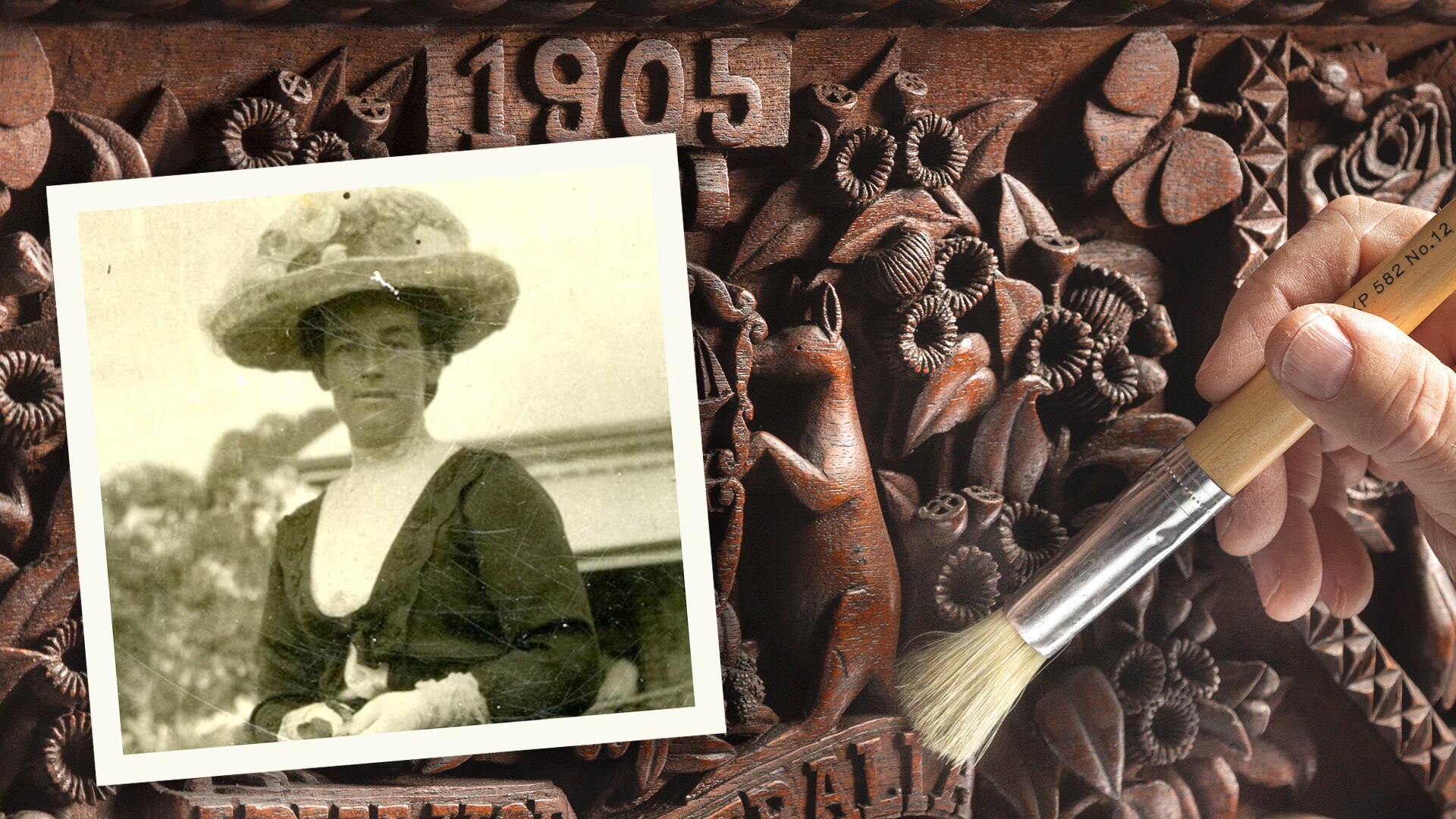 A composite image showing a black-and-white photo of a young woman wearing an ornate hat, and also a wood carving.