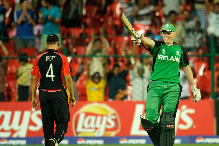 Ireland's Kevin O'Brien celebrates a century against England at the 2011 Cricket World Cup