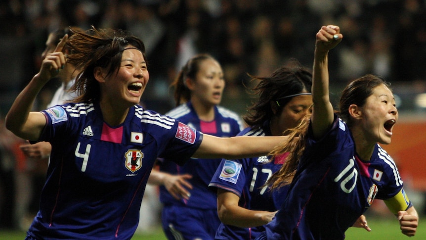 Japan player Homare Sawa celebrating scoring a goal against US in the women's World Cup final.
