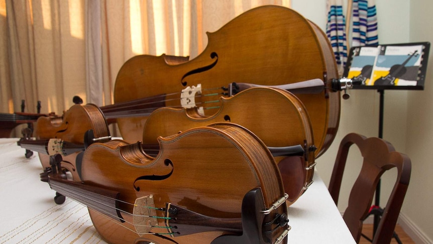 A close up of a quartet of two violins, a violin and cello.
