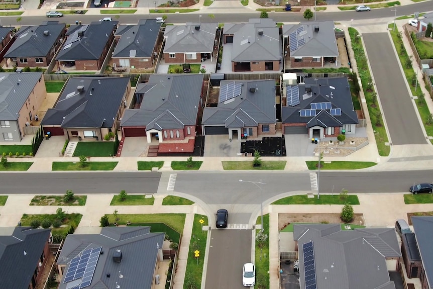 An aerial image of houses in the suburbs.