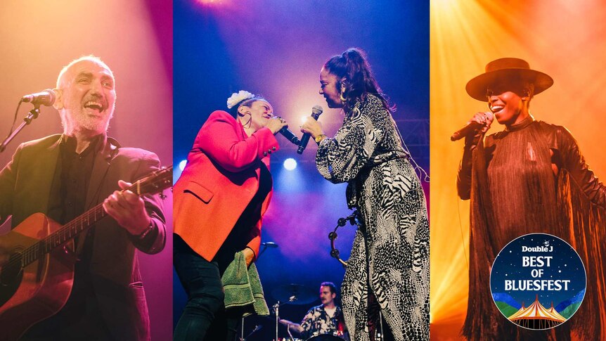 Collage of images of Paul Kelly, Vika and Linda Bull and Skye Edwards from Morcheeba all performing on stage