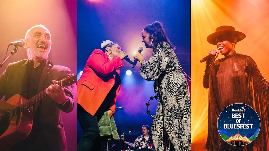Collage of images of Paul Kelly, Vika and Linda Bull and Skye Edwards from Morcheeba all performing on stage