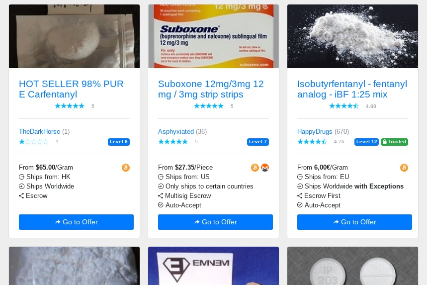 An image of one illicit online market place from the dark web, there are a number of powders and pills for sale with prices.