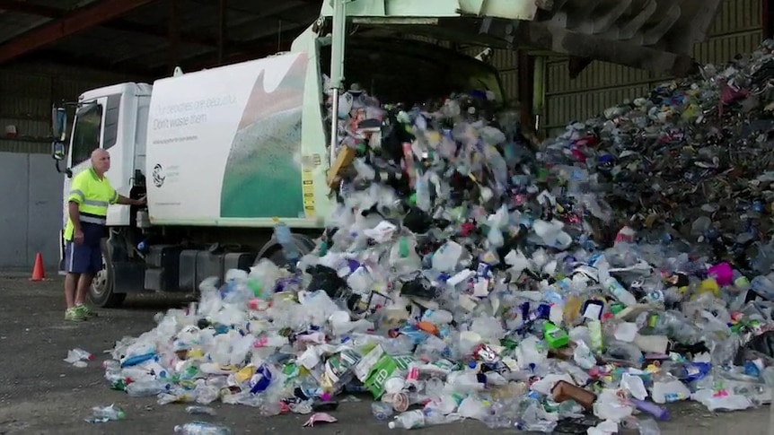 Man emptying recyclable material within a truck onto the floor