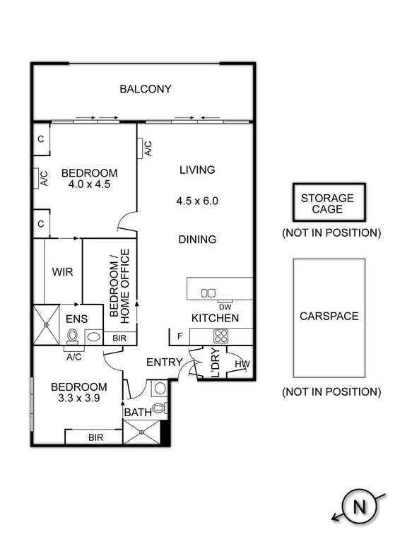 Un plan d'étage d'une unité montrant une petite étude répertoriée comme une chambre possible 