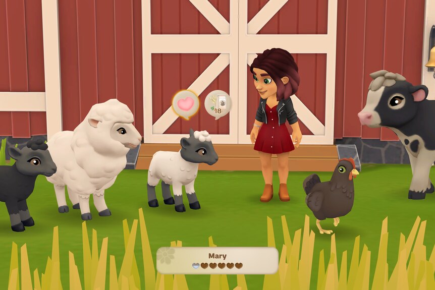 Digital screen of a farm where a women in red skirt stands surrounded by farm animals