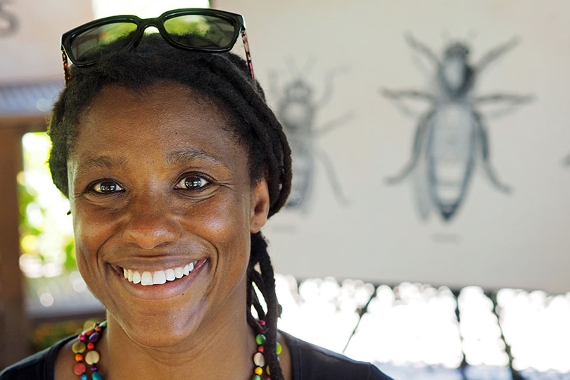 Dr Tanya Latty smiling in front of a scientific diagram of bees or wasps.