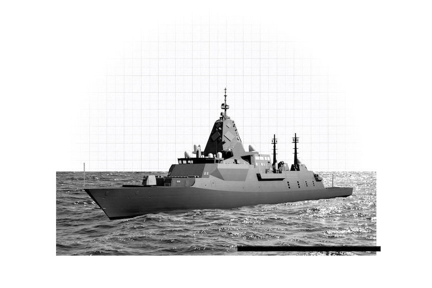 Black and white collage of navy ship in ocean.