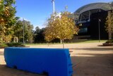 A blue concrete security barrier blocks part of a pathway at Adelaide Oval
