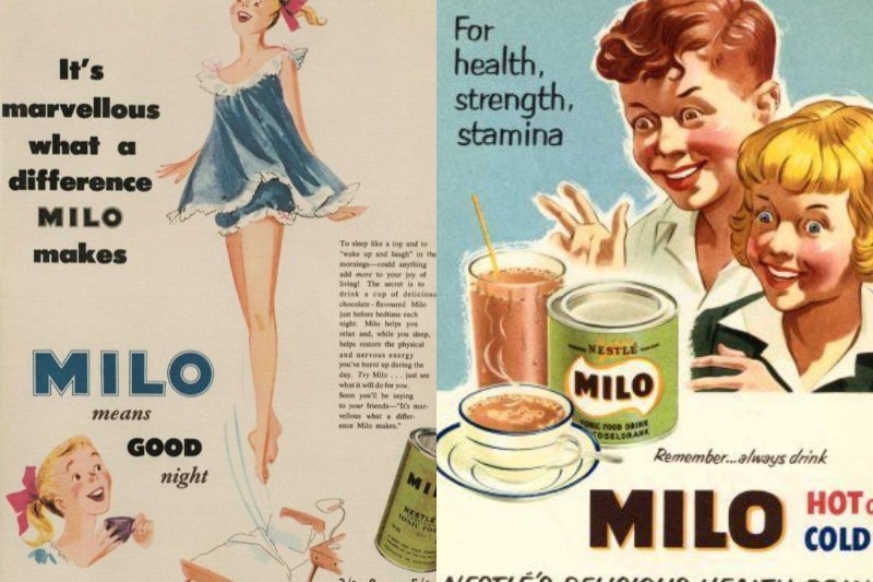 Two retro posters of Milo tins, two cartoon children and a blonde woman.
