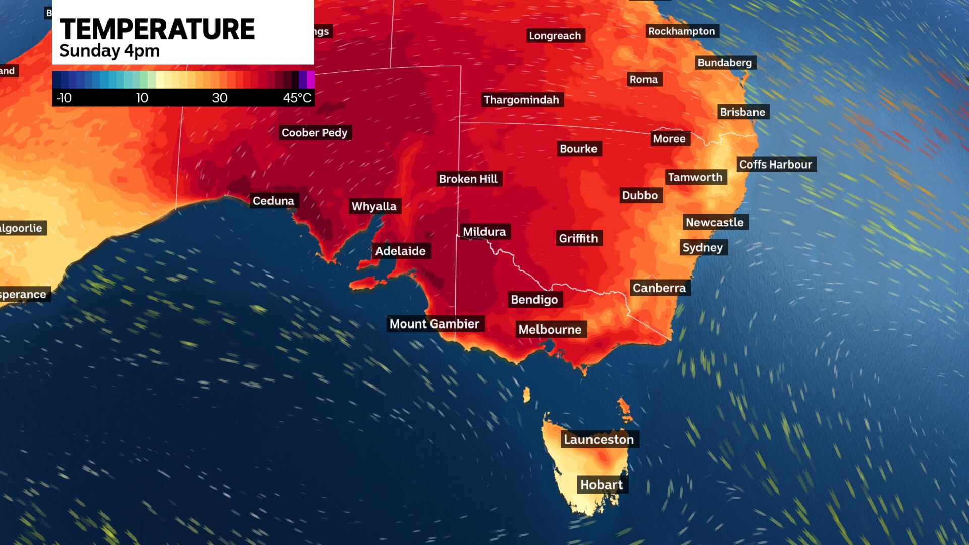 weather map shows how Sunday afternoon will reach around 40C