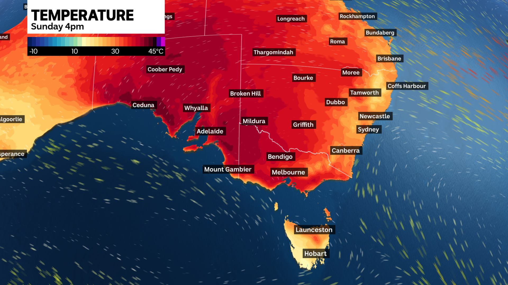 weather map shows how Sunday afternoon will reach around 40C