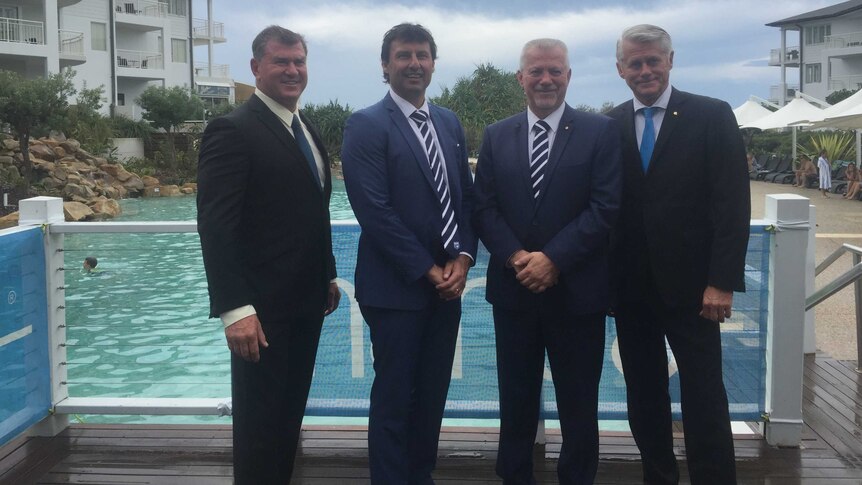 Change of scenery ... New South Wales coach Laurie Daley and chairman George Peponis visit Kingscliff with local politicians