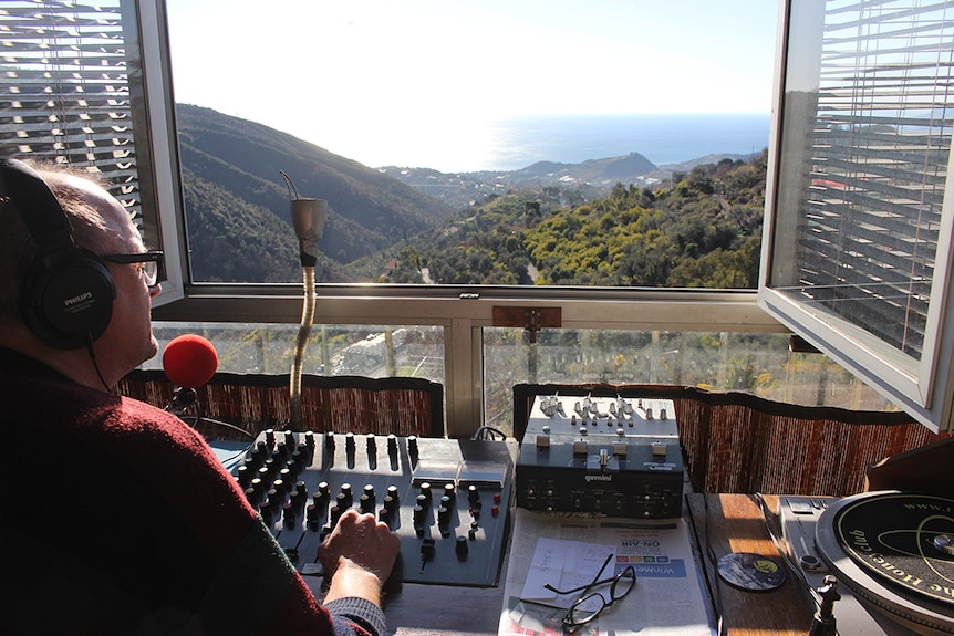 Mark Dezzani broadcasting on Radio Caroline from his studio in Seborga, Italy