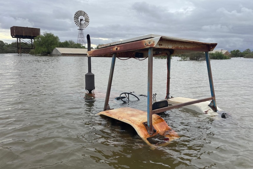 A tractor under water at flooded outback sheep station.  