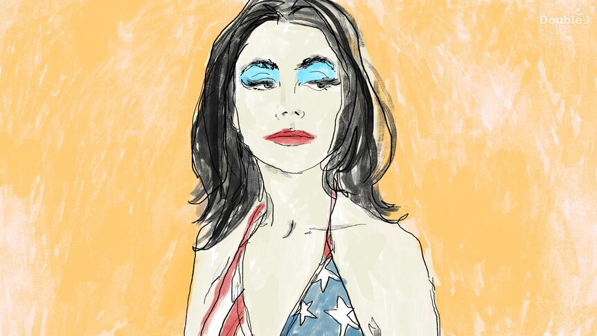 An illustration of Polly Jean Harvey wearing an American Flag bikini top and blue eyeshadow against a yellow background