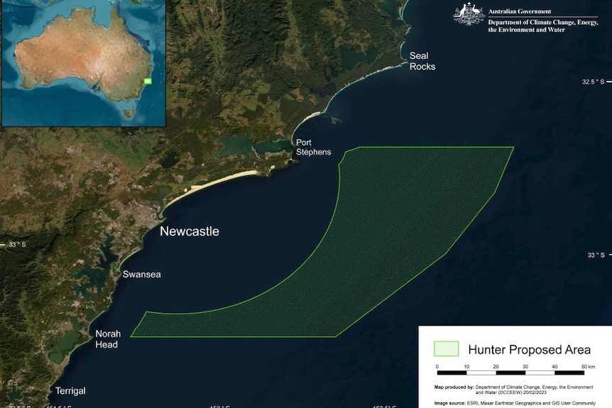 A green block in the ocean from Norah Head to Port Stephens highlighted. 