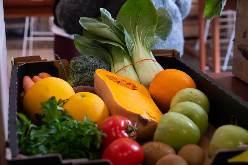 A box of fruit and vegetables, including celery, tomatoes, apples, oranges, pumpkin, carrot and potatoes