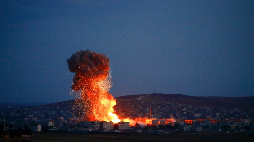 Syrian town of Kobane after an airstrike