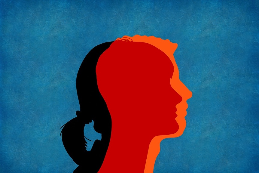 Graphic of black woman's silhouette, with a red man's silhouette over the top. Blue background