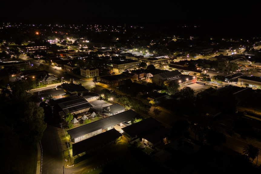 Drone shot of Moree, NSW at night.