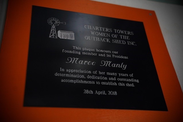 Plaque on the wall of the women's shed, honouring Maree Manly as the founder and first president of the shed