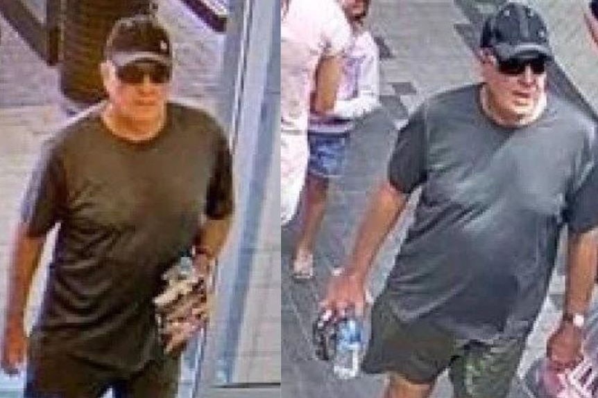Two images side by side of a man walking in a shopping centre. He is wearing a cap and sunglasses.