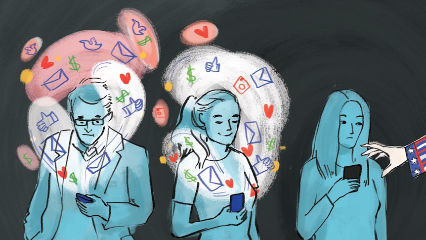An illustration of three people using technology.