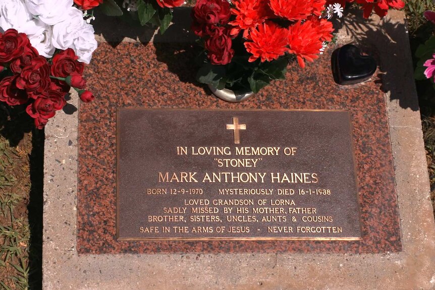 Mark Haines' headstone in Tamworth that reads "In loving memory of 'Stoney' Mark Anthony Haines
