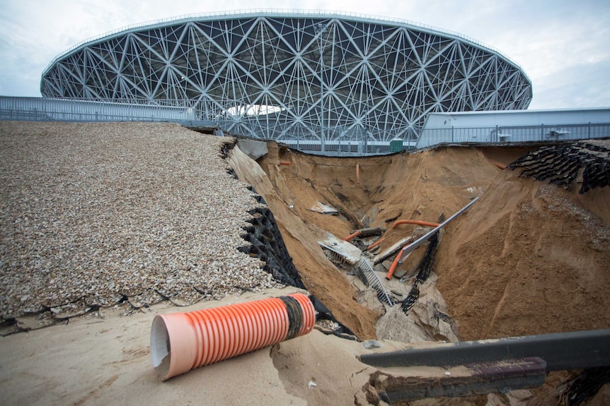 Pipes exposed outside Volgograd Arena