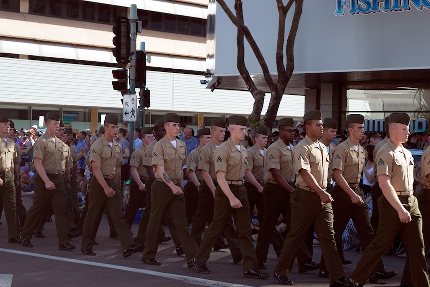 US Marines march through Darwin on Anzac Day.