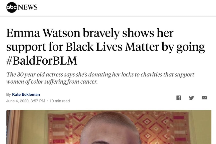 A fake news article falsely claiming that Emma Watson shaved her hair for the #BaldForBLM campaign.