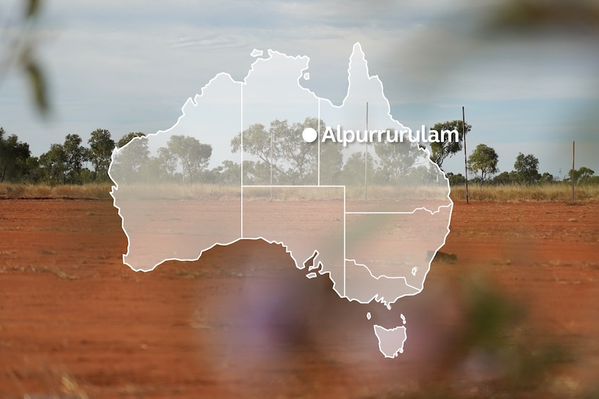 A map showing Alpurrurulam superimposed over an image of the local countryside
