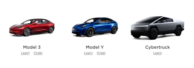 the three models sold on Tesla Australia's website. The Cybertruck is missing the "order" button.