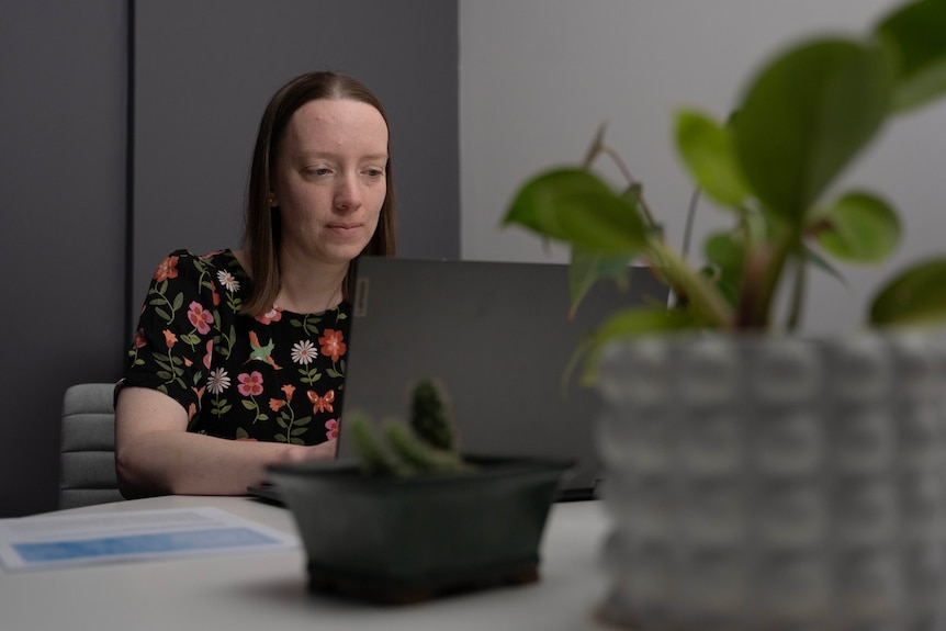 A lady sitting at her desk, using a laptop with a green plant in the foreground.