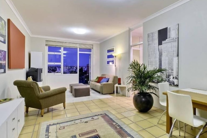 Inside lounge room of Toowong, in inner-city Brisbane, apartment. 